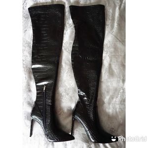 Black Crocodile Over The Knee Boots